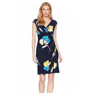 Ralph Lauren Navy Blue Floral Print‎ Jersey Ruched Dress Size 6 Sheath Summer